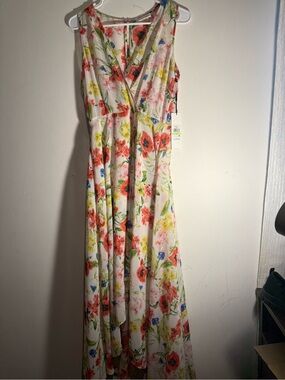 Floral V-Neck Maxi Dress in White with Red & Yellow Blooms